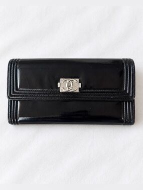 Chanel Boy Black Patent Leather Long Flap Wallet Silver Hardware 16 Series